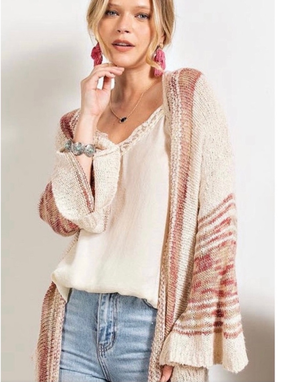 NWT Easel Boho Beach Oatmeal Striped Baja | Knit Open-Front Throw Cardigan - Picture 16 of 16